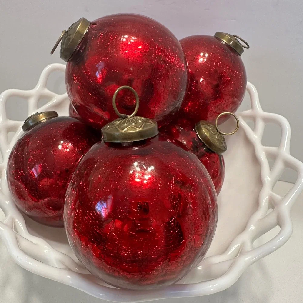 Restoration‎ Hardware Red Crackle Glass Christmas Ornaments Set of 6 Brass Top